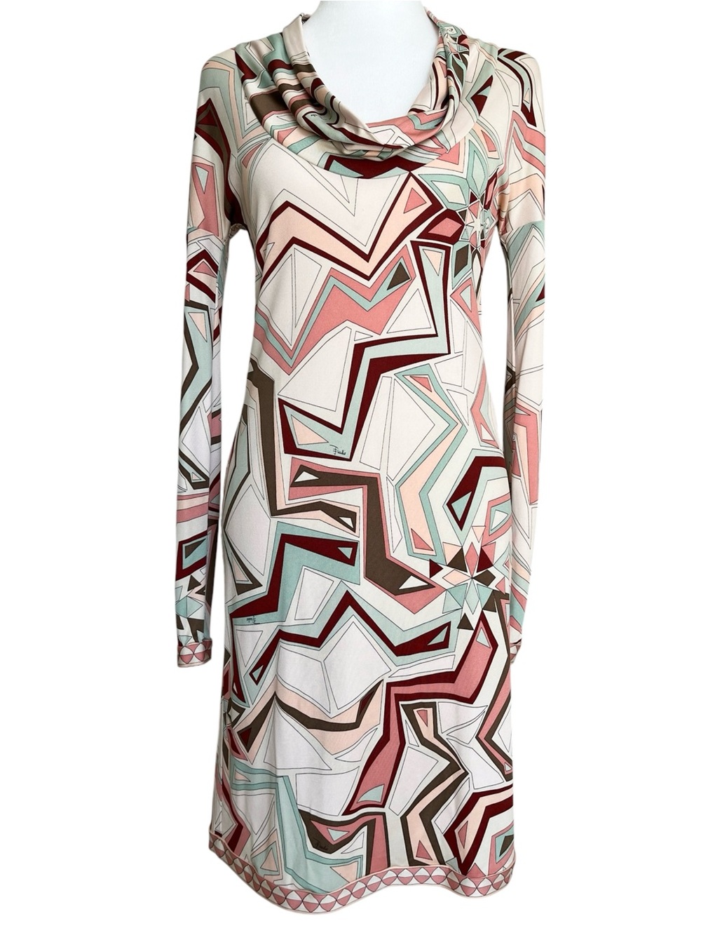 Vintage Emilio Pucci Silk Jersey Printed Long Sleeve Mini Dress Green Pink 38 4